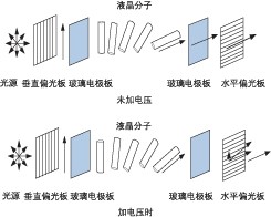 液晶 VOA 加電前后分子排列對(duì)比，展示偏振調(diào)控原理