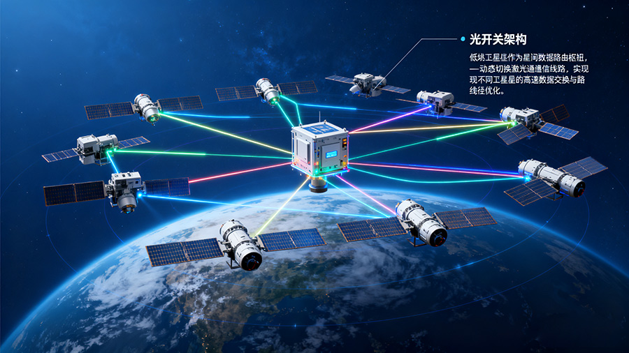 低軌衛(wèi)星星座光開關(guān)部署架構(gòu)，展示光開關(guān)在星間組網(wǎng)中的關(guān)鍵作用
