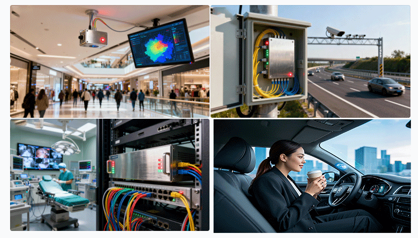 光開關(guān)在室內(nèi)定位、智能交通、醫(yī)療通信等典型場(chǎng)景示意圖 - 廣西科毅